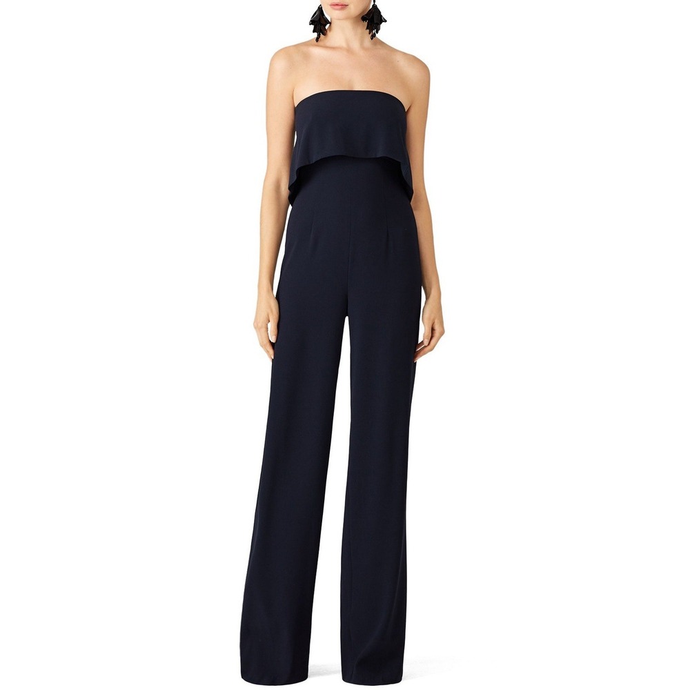 MONIQUE LHUILLIER Size 8 Jumpsuit‎ Women's Navy Blue Crepe Strapless Ruffle